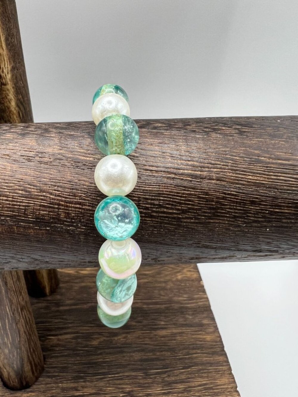 Glass & Faux Pearl Beaded Stretch Bracelet Iridescent Aqua & White Handmade Jewe